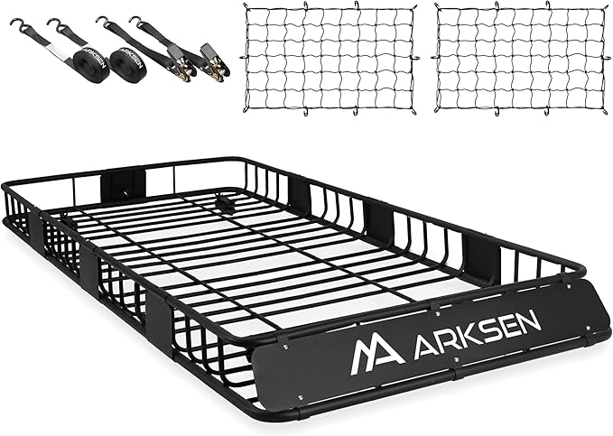 ARKSEN 84 x 39 x 6 Inch Universal 150LB Heavy Duty Roof Rack Cargo with Two Cargo Nets & Ratchet Straps, Car Top Luggage Holder Carrier Basket with Extension for SUV, Truck, & Car Steel Construction