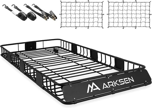 ARKSEN 84 x 39 x 6 Inch Universal 150LB Heavy Duty Roof Rack Cargo with Two Cargo Nets & Ratchet Straps, Car Top Luggage Holder Carrier Basket with Extension for SUV, Truck, & Car Steel Construction