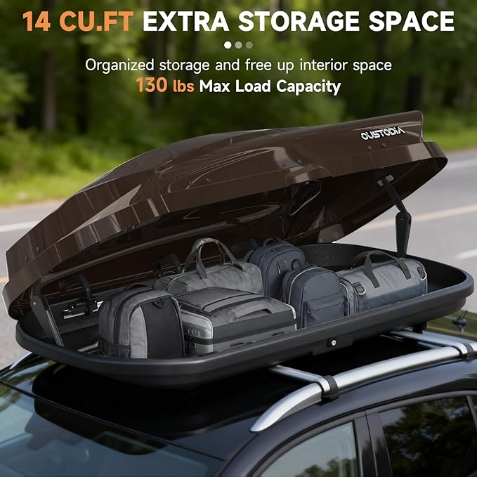 Roof Cargo Box, Dual-Side Opening Design, 14 Cubic Feet Capacity, Waterproof Hard-Shell Storage Box, Includes Straps and Spare Key,Ideal for Travel and Luggage Transport, Brown(Br62)