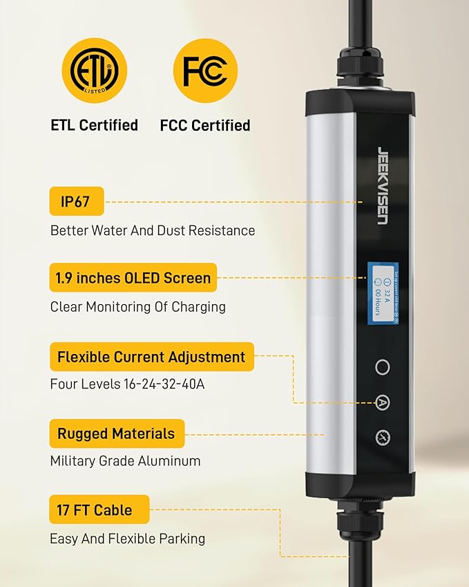 Level 2 Portable EV Charger - 40A 240V EVSE with NEMA 14-50 Plug,9.6kW,25ft Cable,ETL Certified,40A/32A/24A/16A Adjustable Current Home EV Charging Station (40A NEMA14-50 17ft)