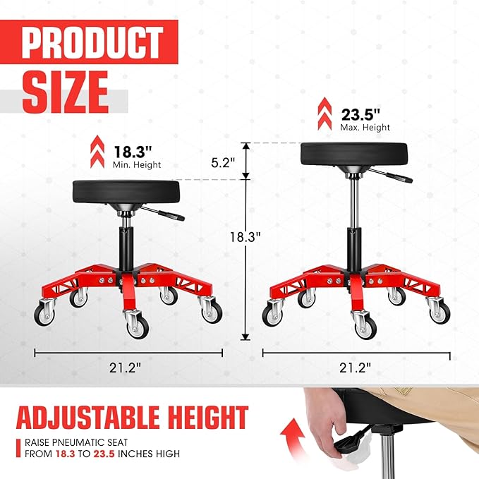 DNA Motoring Rolling Shop Stool, Adjustable Height Padded Rolling Seat, Pneumatic Roller Mechanic Stool for Garages, 300lbs Capacity, TOOLS-00635-BK-RD