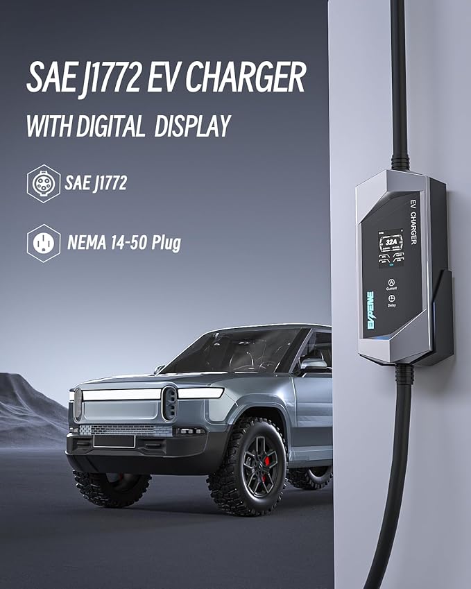 Level 1/2 EV Charger for SAE J1772, 32A 110-240V Portable EV Charger with NEMA 14-50/NEMA 5-15 Plug, 25ft Cable ETL Listed Electric Vehicle Charger for J1772 Electric Cars