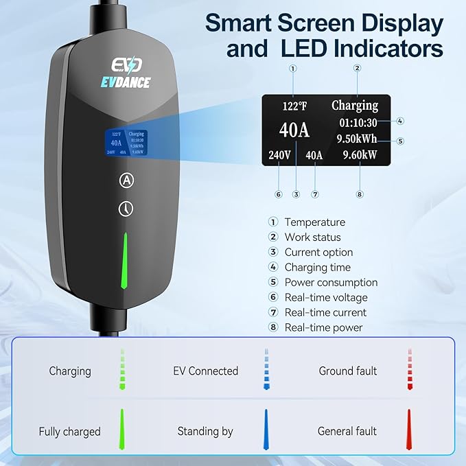 40A Level 2 EV Charger, 9.6KW Fast Portable Electric Vehicle Charging Stations, 25ft Charging Cable, NEMA 14-50 Plug, Adjustable Current & Timing Delay, Home Car Charger Compatible with All J1772 EVs