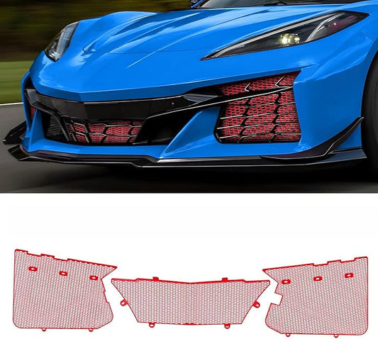 3Pcs Red Upgraded Front Radiator Guards Grille,Aluminum Body Bumper OEM Style Front Outer Grill Guard Protection Screens Grille Vents Insert Mesh Set for Corvette C8 Z06 2023+/E-Ray 2024+