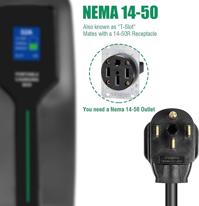 32 Amp EV Charger Level 2,(NEMA 14-50, 32A/20ft,7.68KW) Portable Electric Vehicle Charging Station for Electric and Hybrid Vehicles