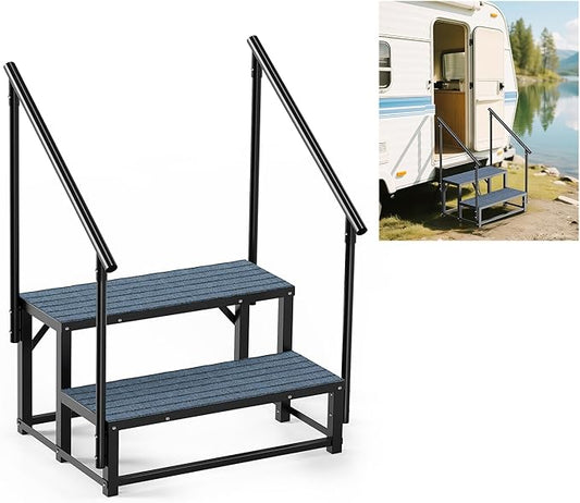 RV Steps with 2 Handrail, 2-Step Heavy Duty Hot Tub Steps, Non-Slip Outdoor Spa Steps for RV, Camper, Trailer, Mobile Home, Porch, Portable Ladder Stairs with Anti-Slip Mats (‎2 Steps with 2 Handrail)