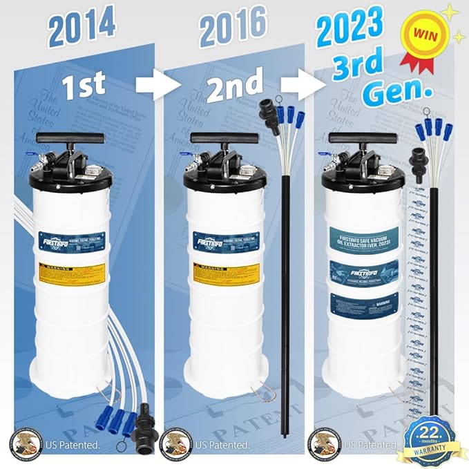 FIRSTINFO A1108USY5 Patented Third Generation 9L / 2.3 Gallon Taiwan Pneumatic/Manual Oil Vacuum Extractor | Safety Pressure Gauge | 51 Inch Tube | 11.8 feet Tubes Length | Thinnest Tube