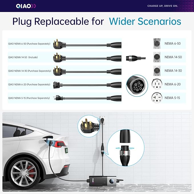 QIAO 40A Portable EV Charger & Mobile EV Charger Level 2, Replaceable Plug (NEMA 14-50 & More), Max 9.6kW Wall-Mount Power, J1772, 25ft Cable, 2.8" LCD for Home & Travel