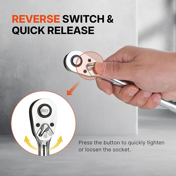 NORTHSKY 3/8 Inch Drive Ratchet, 90-Tooth Quick-release 3/8 ratchet, Reversible Ratchet Wrench with 4-Degree Swing, 8" Long Handle, Chrome Alloy Made, Full Polished,Ratchet Wrench for Repairing,Home