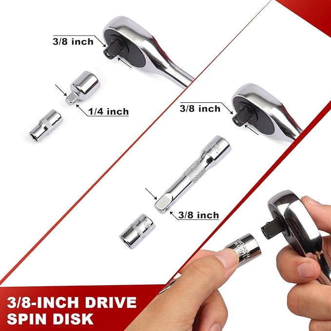 Egofine 34 Pieces 3/8 inch Drive Socket Ratchet Wrench Set, with Socket Set Metric/SAE and Extension Bar for Auto Repairing and Household, with Storage Case