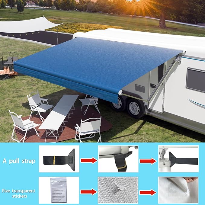 RV Awning Fabric Replacement,Camper Trailer Motorized Awning Replacement for Motorhome,Heavy Duty Weatherproof 18.5oz Outdoor Vinyl RV Canopy 17'(Fabric 16'2") Blue Fade