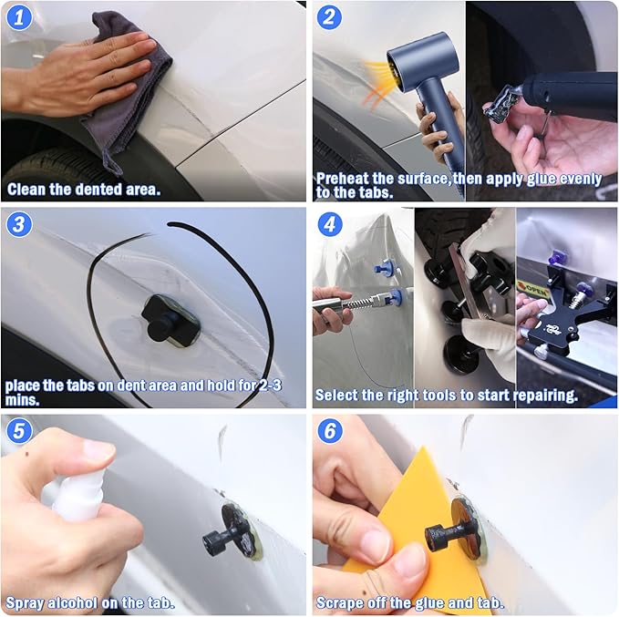 Super PDR Car Dent Puller Kit, Dent Remover Tool with High Adhesive Puller Tabs & Glue Sticks, 2-in-1 Slide Hammer T-bar, Dent Reflector Board, Paintless Dent Removal PDR Tools for Dent Repair