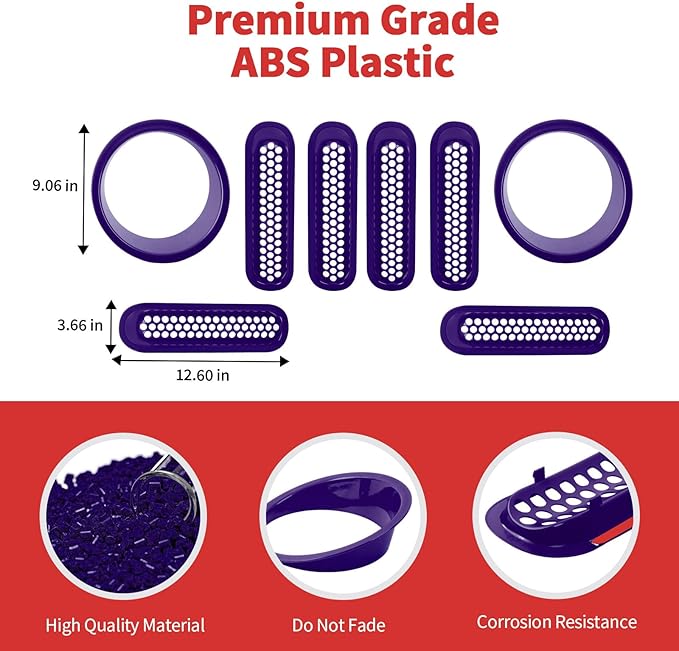 Mesh Grille Grill Insert+Headlight Turn Light Cover Trim Fit for 2007-2018 Jeep Wrangler JK JKU(Purple)