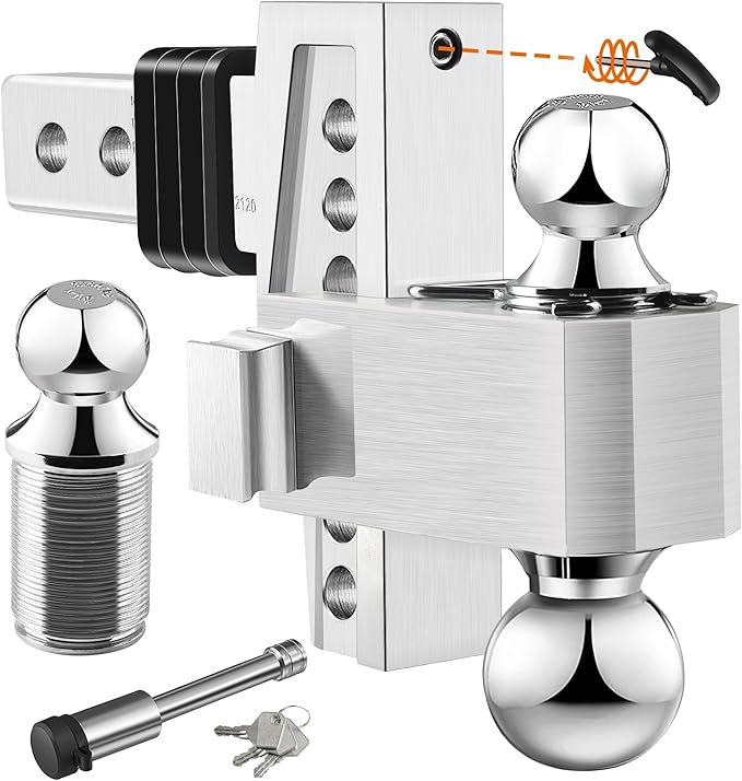 Adjustable Trailer Hitch (Fits 2-Inch Receiver) - Aluminum Tow Hitch with 6-Inch Drop/Rise for Truck (12,500 LBS GTW) - Double Anti-Theft Locking Hitch Pins (Silver, 2.0inch-6Drop-Tri Ball)
