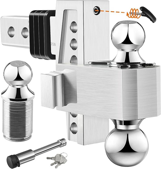 Adjustable Trailer Hitch (Fits 2-Inch Receiver) - Aluminum Tow Hitch with 6-Inch Drop/Rise for Truck (12,500 LBS GTW) - Double Anti-Theft Locking Hitch Pins (Silver, 2.0inch-6Drop-Tri Ball)