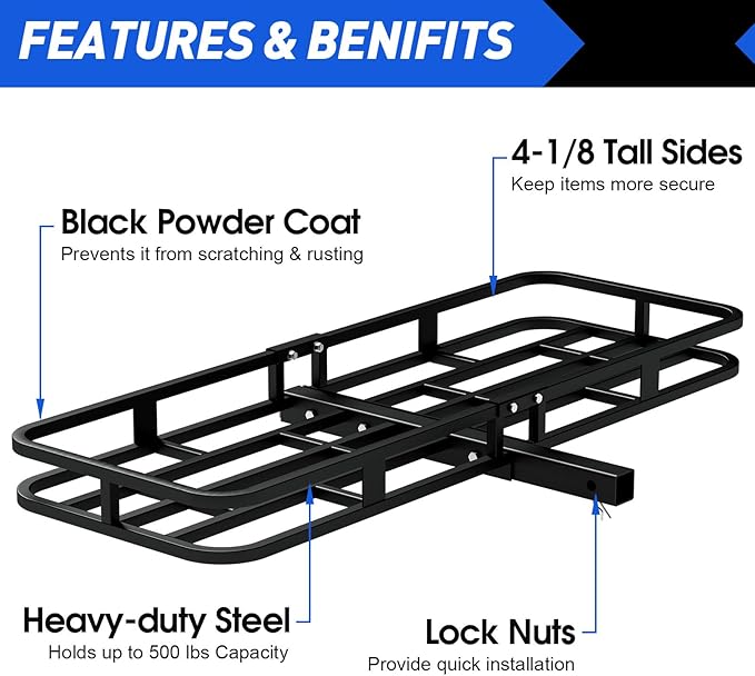 FORWODE 500 LBS Hitch Mount Cargo Carrier Basket, 53"x19"x5" Folding Hitch Cargo Carrier Basket for 2 Inch Receiver, Car Rack Rear Luggage Basket for Car SUV Traveling