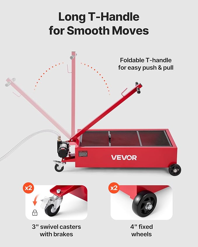 VEVOR Low Profile Oil Drain Pan, 17 Gallon Capacity, Rolling Oil Drain Pan with Electric Pump, 7.2 ft Hose & T Folding Handle, Leak-Proof & Corrosion-Resistant, Fit for Cars, SUVs, Trucks, ATVs, Red