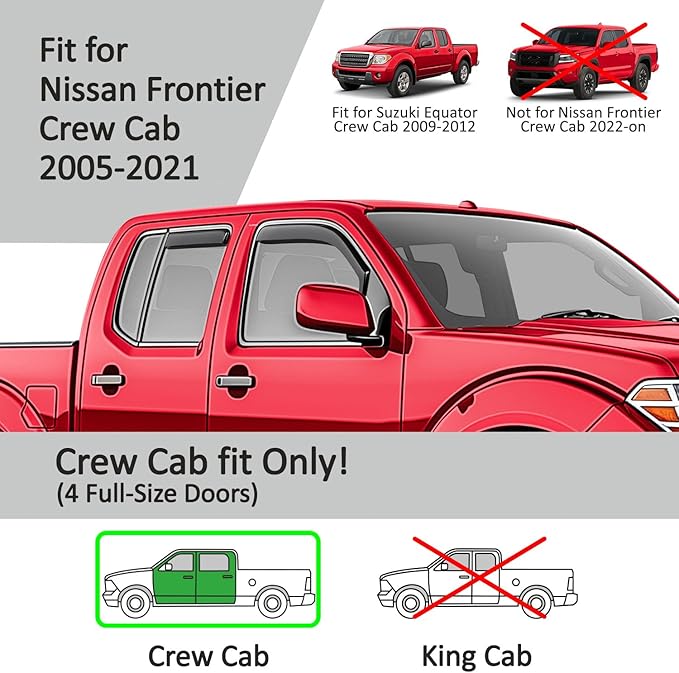 Voron Glass in-Channel Extra Durable Rain Guards for Nissan Frontier 2005-2021 Crew Cab, Window Deflectors, Vent Window Visors, 4 Pieces - 200745