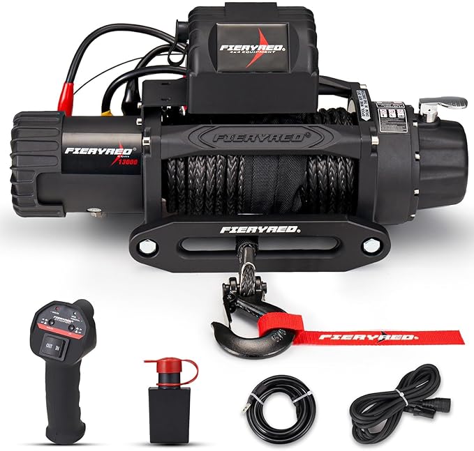 FieryRed 13000 lb Winch, 12V IP67 Waterproof Electric Trailer Winch with Synthetic Rope, 2in1 Wireless Remote Control, Hawse Fairlead for Off Road Vehicle Towing Jeep Truck
