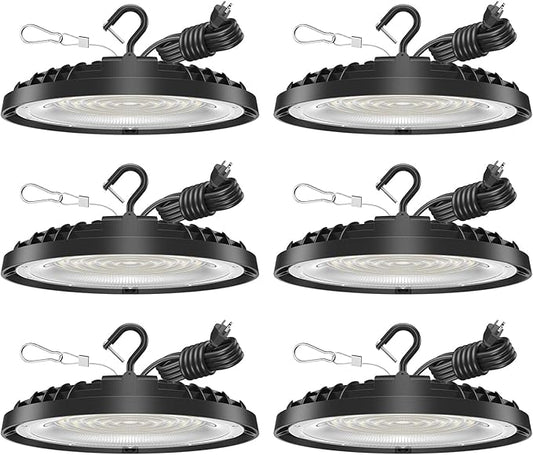 150W UFO LED High Bay Light, 21,000LM LED Shop Lights Fixture, 5000K, Replace 600W Halogen, 120VAC, Plug & Play Lighting for Warehouses, Workshops, Garages, and Barns – ETL Listed, 6 Pack