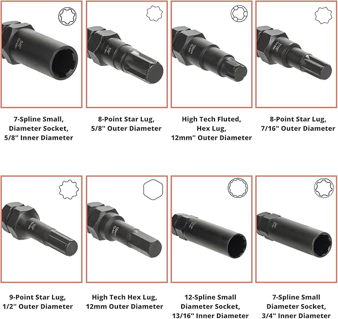 REBRA 6 Spline & 7 Spline Lug Nut Socket Set, Spline Lug Nut Lock Key, Locking Wheel Lug Nut Removal Tool for Easy Installation and Removal of Lug Nuts on Aftermarket Wheels (16-Pieces)