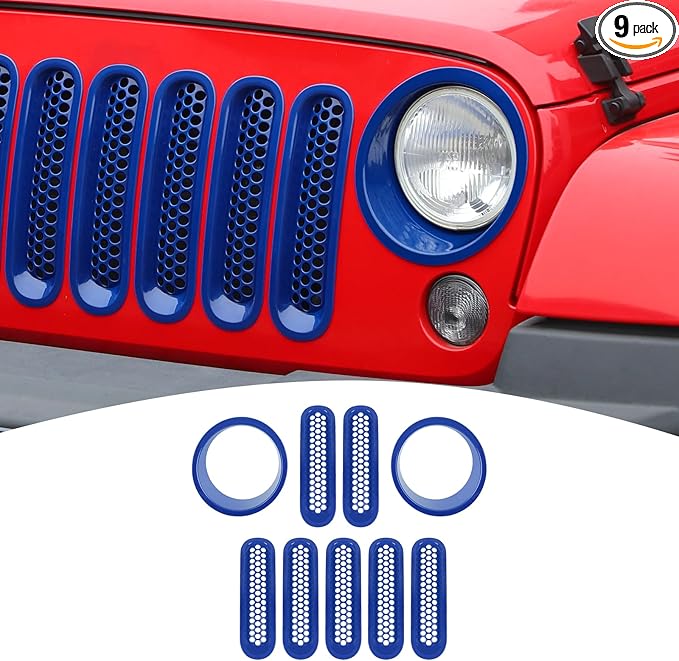 for Jeep JK Front Grille Inserts & Headlight Cover Trim Ring for Jeep Wrangler JK JKU 2007-2017 Blue Exterior Accessories 9pcs