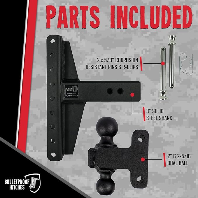 BulletProof Hitches - 3.0" Adjustable Extreme Duty Trailer Hitch (36,000 lb. Rating) - Offset 4" & 6" Drop/Rise with 2" and 2 5/16" Dual Ball - Powder Coat, Solid Steel, Corrosion-Resistant