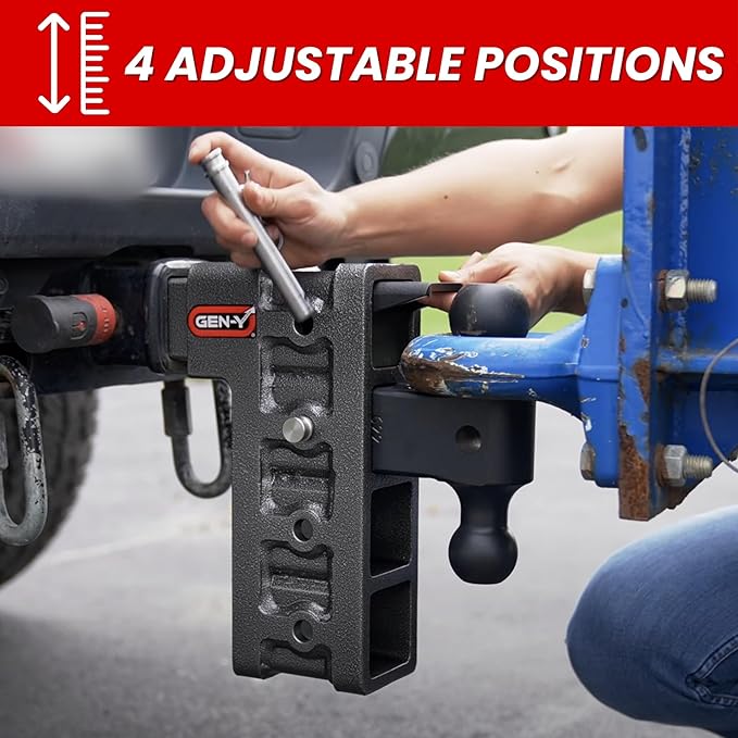 GEN-Y Hitch Adjustable Trailer Hitch for 2-Inch Receiver - 7.5" Drop, 16000 lbs Towing, 2000 lbs Tongue Weight, Includes Dual Ball-Mount Attachment (2 5/16" & 2"), Pintle Lock, 2 Stainless Steel Pins