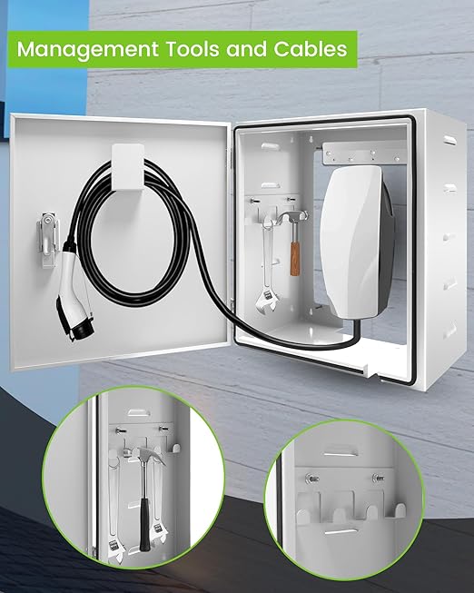 EV Electric Vehicle Car Charger Cover Protector, Double Locks EV Charger Box with Cable Holder and Tool Holder, Large Size, Wall Mount, Indoor/Outdoor, Fit for Tesla & Most EV Chargers