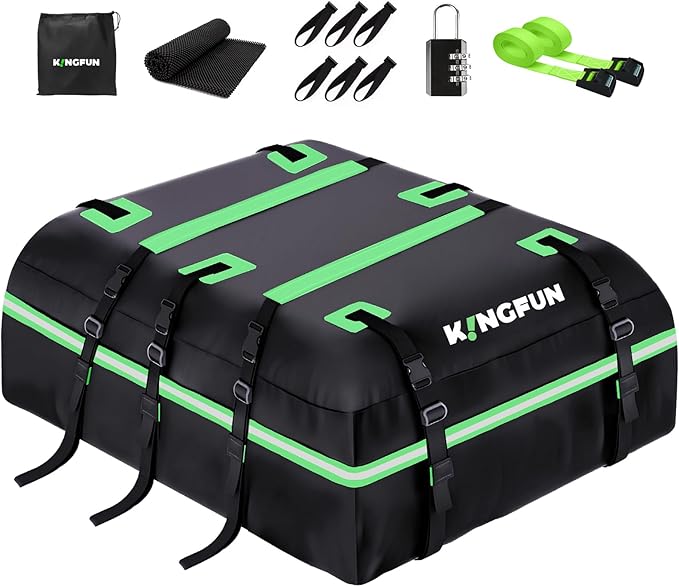 Kingfun Rooftop Cargo Carrier – Waterproof 21 Cubic Feet Car Roof Bag Fit All Vehicles with/Without Roof Rack, Includes Anti-Slip Mat, 8 Reinforced Straps & 6 Door Hooks, Lashing Straps, Luggage Locks