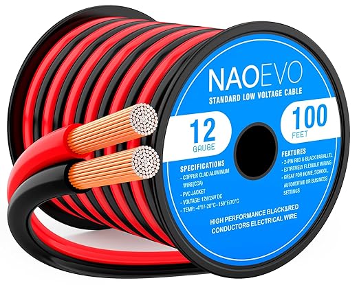 NAOEVO 12 Gauge Wire 100FT, 2 Conductors Electrical Wire Red Black Cable, Flexible/Low Voltage/PVC 12 AWG Copper Clad Aluminum Extension Cord for Speaker, LED Strips, Automotive 12V/24V DC