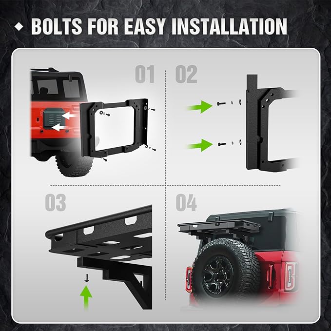 for Bronco Spare Tire Cargo Rack Rear Luggage Basket on OE Tailgate Compatible with 2021 2022 2023 2024 Ford Bronco 2/4 Doors, Cargo Carrier Storage Back Holder Stand Exterior Shelf Tray