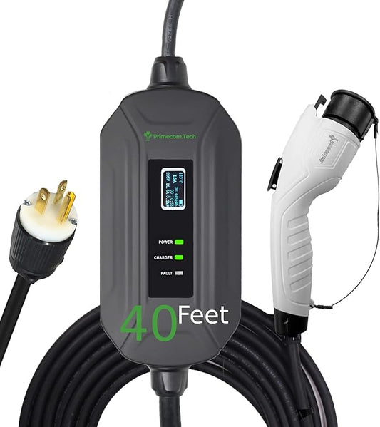 PRIMECOM Level 2 Electric Vehicle (EV) Charger (220V / 240Volt, 16Amp) Portable EVSE Smart Electric Car Charger, 30', 40', and 50 Feet Lengths (NEMA 6-20P, 40 Feet)