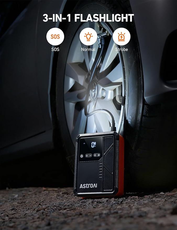 AstroAI Beta822 3000A Jump Starter with Air Compressor, 150PSI Portable Tire Inflator with Auto-Shutoff, 12V Car Battery Booster (9.0 Gas/7.0L Diesel) with LED Light and Jumper Cables