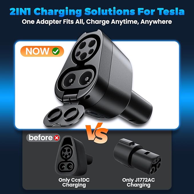 2-in-1 CCS1 & J1772 to Tesla Adapter 250KW/1000V - SuperFast Charging for Model Y/3/S/X, Compatible with Level 1 2 3 Charging Stations with CCS1& J1772 Plug, UL/FCC Certified, IP65 Waterproof