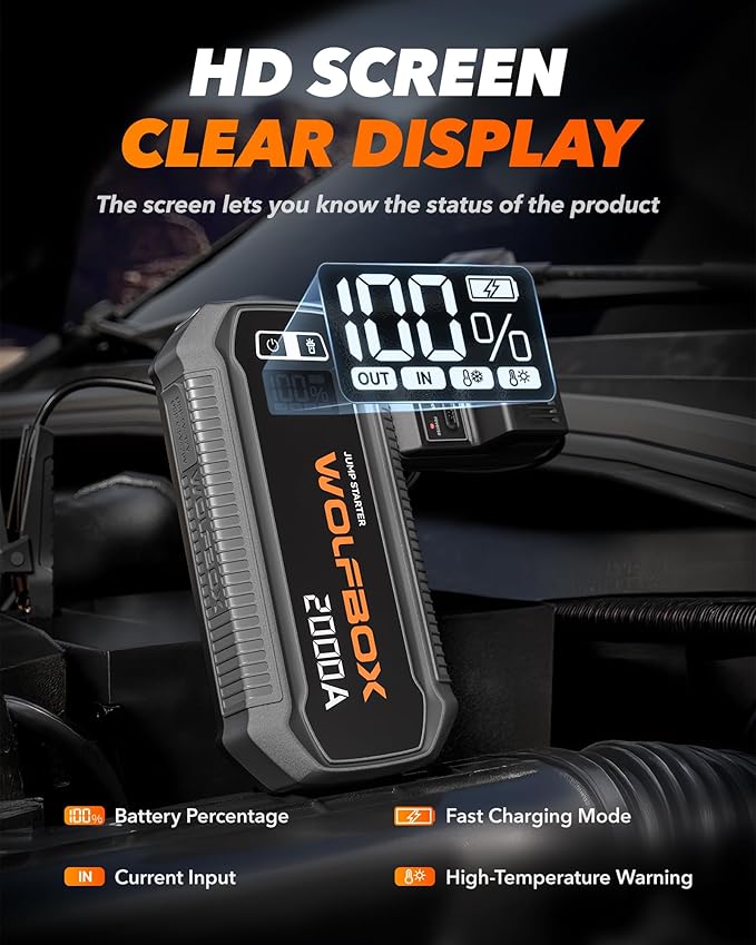 WOLFBOX 2000A Jump Starter, 12000mAh Battery Jumper Starter Portable with LED Display, 12V Car Battery Jump Starter Pack (7L Gas 6L Diesel Engine) with Booster, LED Light, Jumper Cables (NO Adapter)