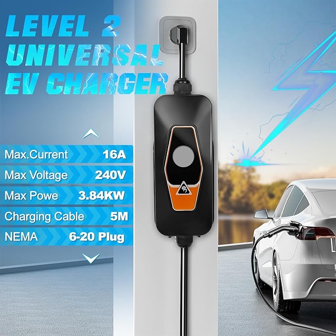 Portable EV Charger Level 2, 16Amp 240V, Electric Vehicle Charger with 16.5FT Cable, NEMA 6-20 Plug, Portable Electric Car Charger, Compatible with SAE J1772 Evs