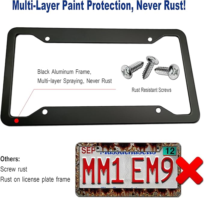 BGGTMO Matte Black Aluminum License Plate Frames- 2 Pack Heavy Duty Car Tag Cover for Front & Rear, 4 Hole Rust Proof Universal Holder, Mount Screws Caps, Inserts, Rattle Proof Pads