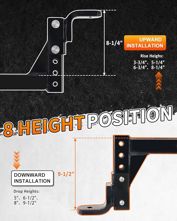 METOWARE Adjustable Trailer Hitch Ball Mount, 9-1/2" Drop and 8-1/4" Rise, Fits 2-Inch Receiver, with 1" Hitch Ball Hole, 6-Position Heavy Duty Tow Hitch with Pins