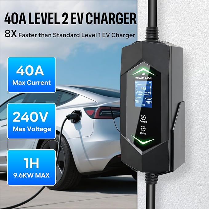 Level 2 Ev Charger for Tesla,NACS Ev Charger with 25ft ETL Listed Cord,6A-40A Adjustable Amps,40A 9.6KW Fast Charging(110v-240v),NEMA 14-50 Plug,IP66 Waterproof Delay Timer LCD Display