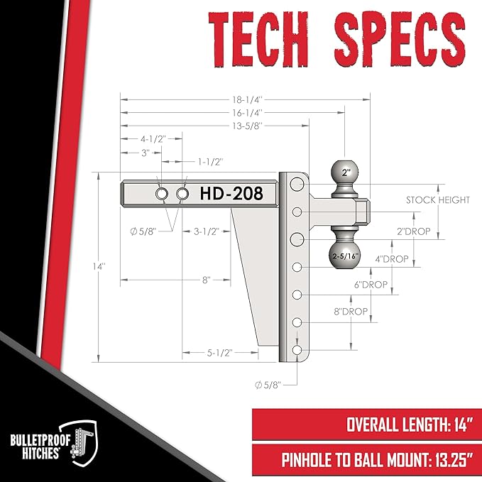 BulletProof Hitches - 2.0" Adjustable Heavy Duty Trailer Hitch (22,000 lb. Rating) - 8" Drop/Rise Trailer Hitch with 2" & 2-5/16" Dual Ball - Powder Coat, Solid Steel, Corrosion-Resistant