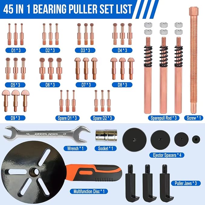 45 in1 Bearing Puller Set, Blind Bearing Puller Separator, 3 Jaw Gear Pulley Puller Kit, Inner Bearing Removal Tool with 9 Different Specifications of Pulling Heads, Special Storage Box