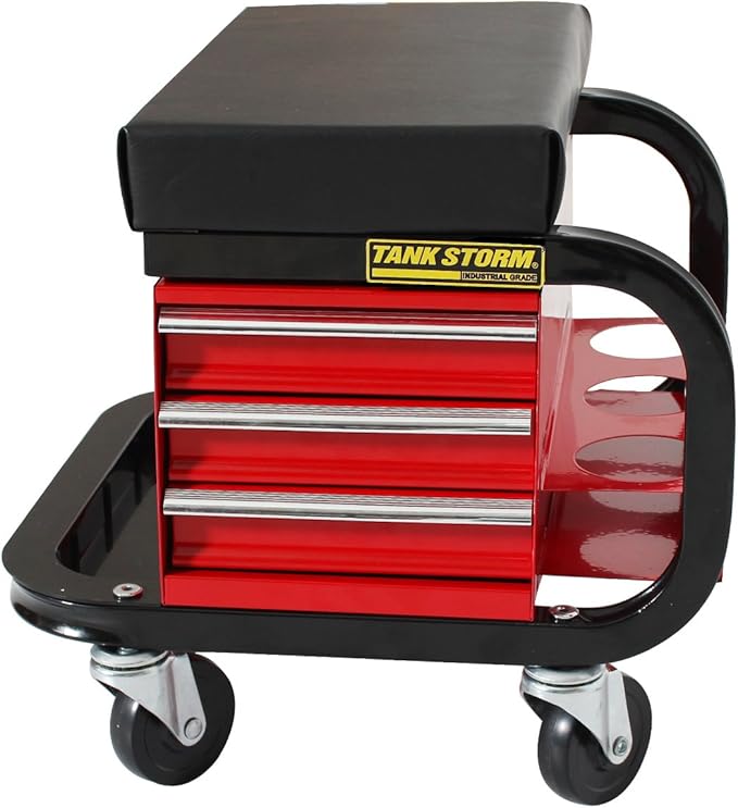 Tool Box Built-in Creeper Seat, Garage Shop Roller Seat, 3 Drawers Heavy Duty Tool Chest with 4 Rolling Casters-350 Lbs Capacity