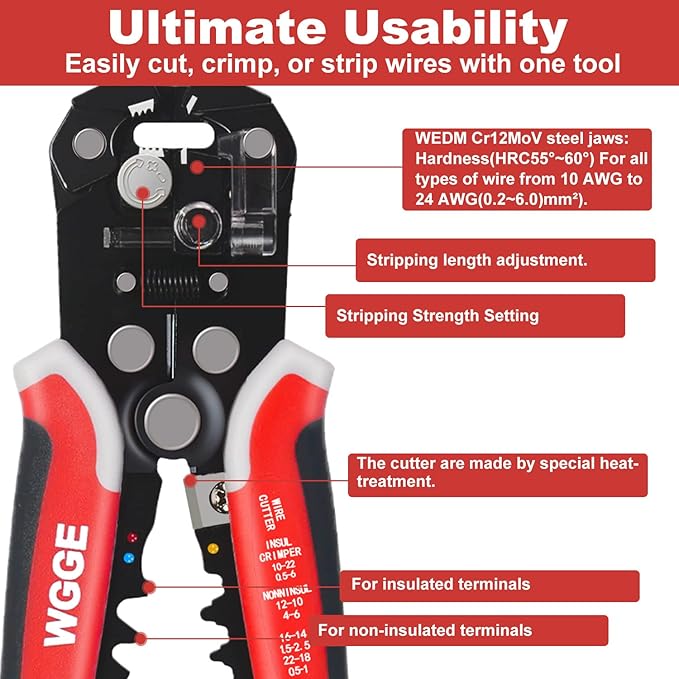 WGGE WG-014 Self-Adjusting Insulation Wire Stripper. For stripping wire from AWG 10-24, 3 in 1 Automatic Wire Stripping Tool/Cutting Pliers Tool, Automatic Strippers with Cutters & Crimper 8"