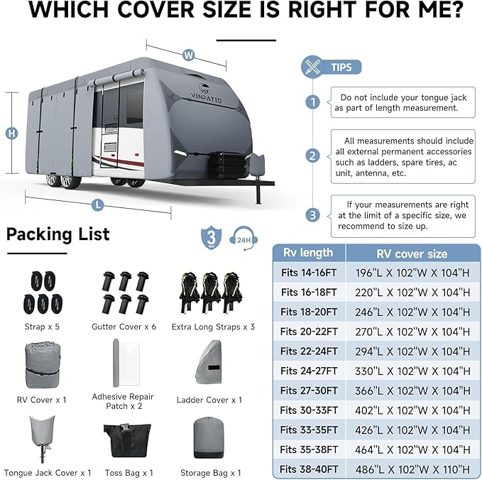 VINPATIO RV Cover, 7 Layers Heavy Duty RV & Trailer Cover, Toy Hauler Cover Fits 18'-20' RV Travel Trailer Camper Cover with Tongue Jack Cover, Extra Windproof Straps, Gutter Covers