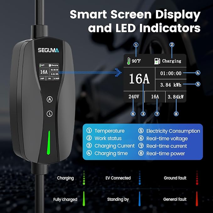 Level 1/2 EV Charger, 16Amp Adjustable Current Electric Car Charger NEMA 5-15 Plug/NEMA 6-20 Adapter, Timing Delay & LED Display 25FT Cable Portable EV Charging Station for J1772 BEVs/PHEVs 110V-240V