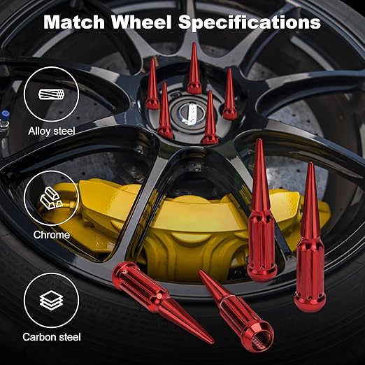 1/2‘’-20 Spike Lug Nuts, Set of 24 Red Spline Spiked Lug Nut with Key for Chevrolet Silverado 1500, Ford F-150 1997-2024, Dodge Ram 1500 1994-2024, Toyota Tacoma 1995-2024