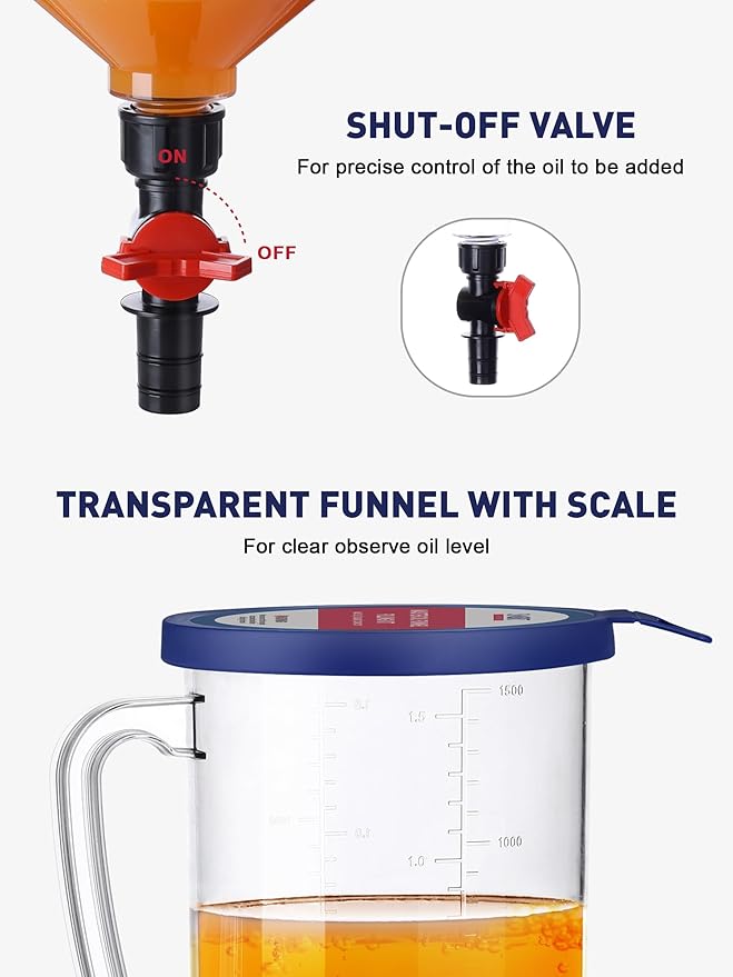 SMART JERRY - Spill-Proof Engine Oil Funnel Kit｜Oil Change Funnel w/ 12 Adapters & 2 Magnetic Adapter Organizer Boards｜Transparent Body w/Scale & Shut-Off Valve｜Universal Fit