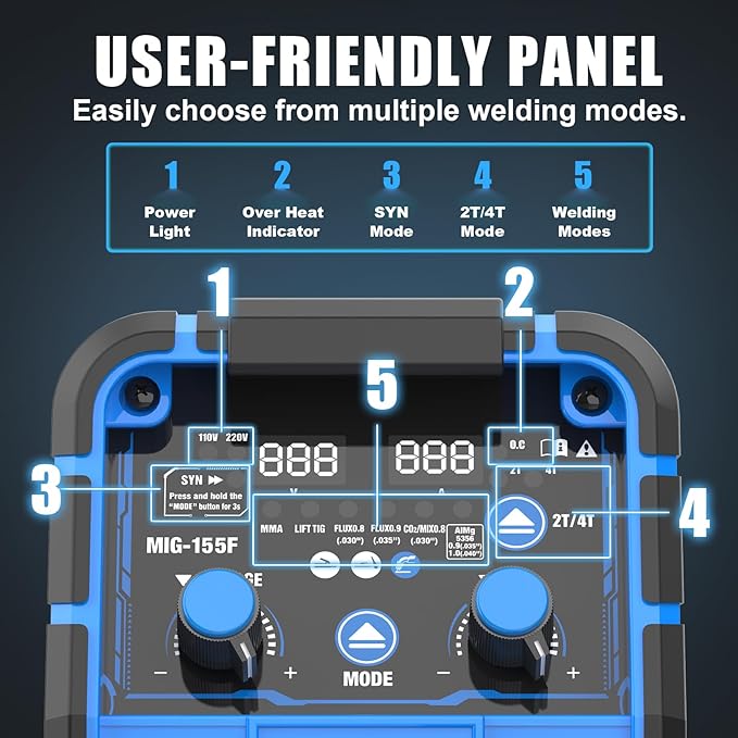 AZZUNO Aluminum MIG Welder 155Amp, Dual Vlotage 110V/220V 5-in-1 Welder Machine Gasless MIG/Gas MAG/Aluminum MIG/Stick/Lift TIG Welding, Multiprocess Welding Machine