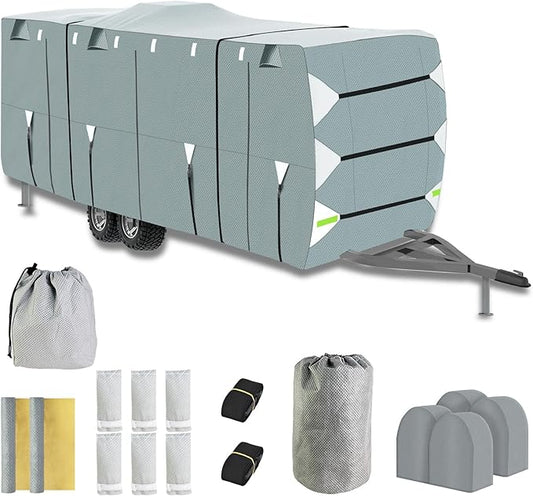 Upgraded 24-27ft RV Cover - 5 Layers Heavy Duty Anti-UV Travel Trailer RV Cover, Windproof Waterproof Camper Cover for Toy Hauler with Windproof Straps